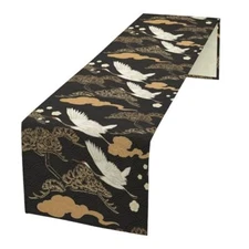 Crane Table Runner, Vintage Luxury Black Golden Asian Japanese 13x36in Crane-1