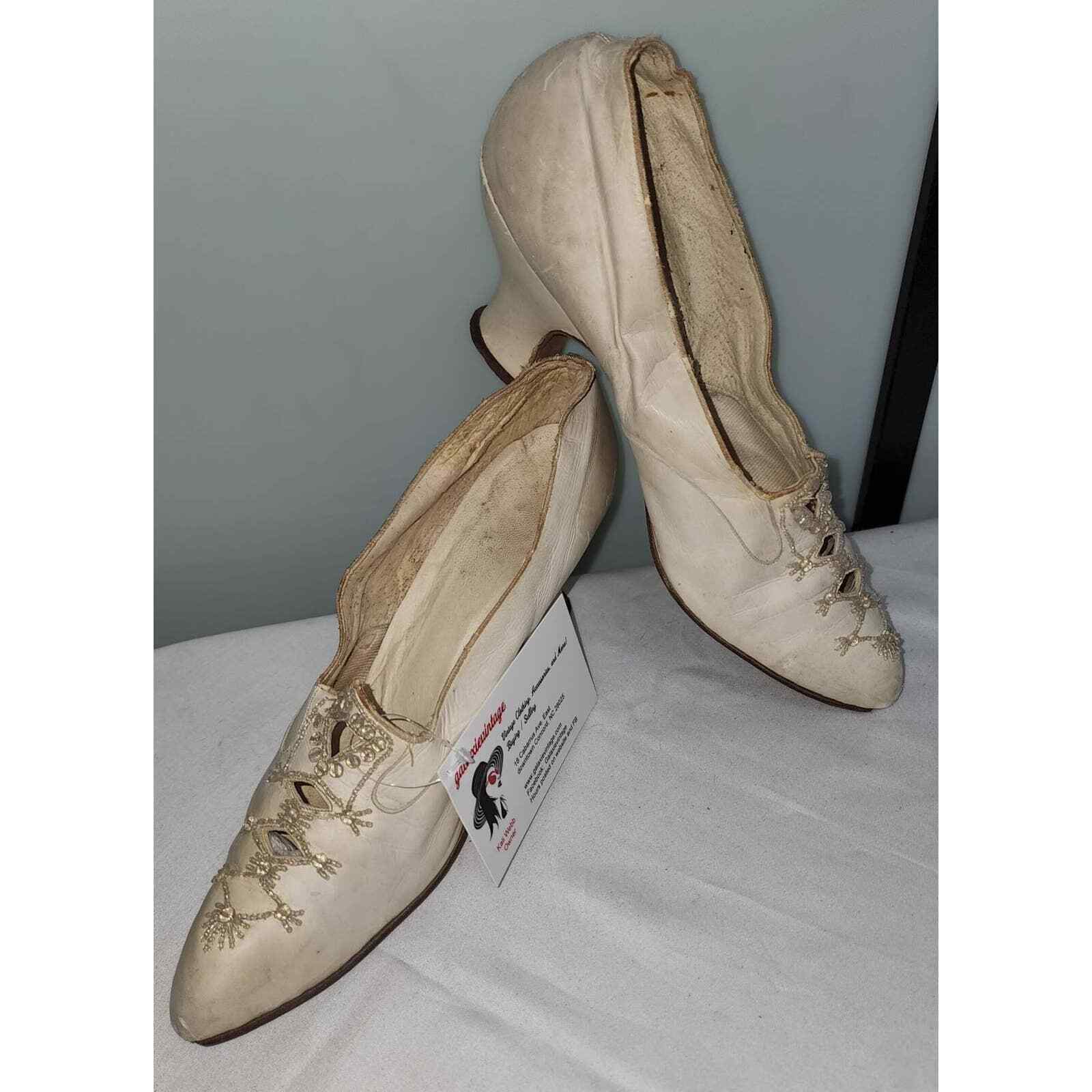 Antique 1910s Cream Kidskin Beaded Pumps Crystals Edw… Gem