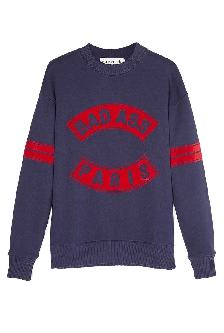 NWOT Etre C cile Bad Ass Paris Sweatshirt in Navy Flocked in Red Size Small