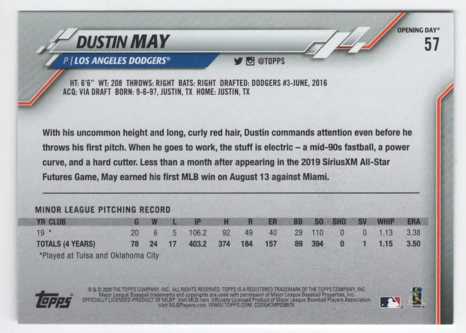 2020 Topps Opening Day BLIE FOIL Dustin May Rookie Los Angeles Dodgers #57 R48 - Image 2 of 2