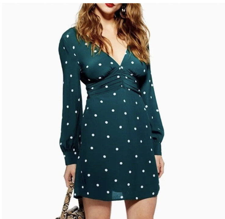 green polka dot dress topshop TopShop Polka Dot Ruched Green & White Mini Dress Sz 4