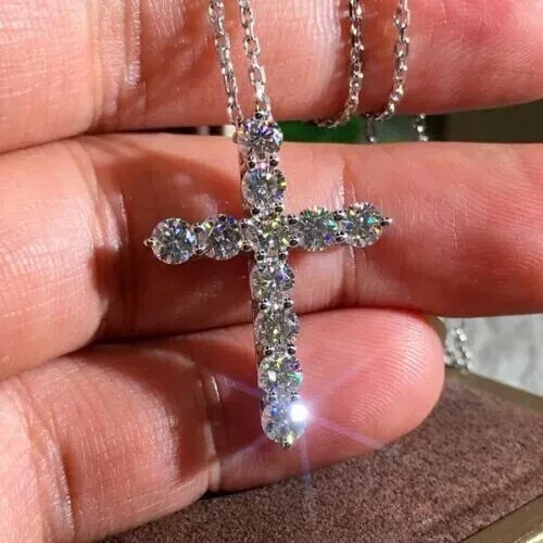 2Ct Round Lab Diamond Cross Pendant in 14K White Gold Plated Silver