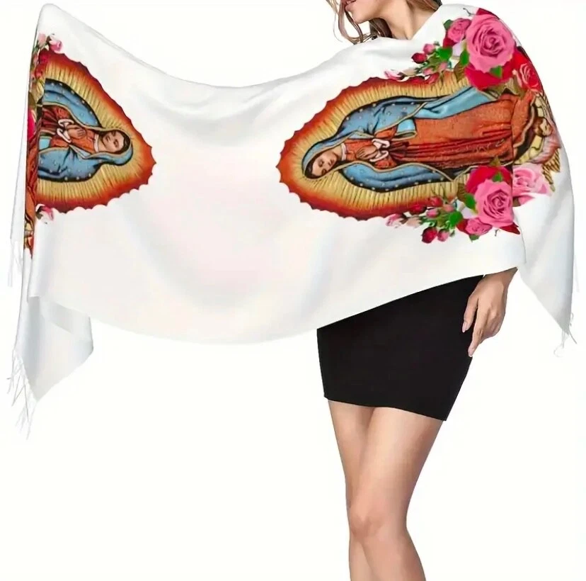 Nuestra Señora Guadalupe Mujer’s Chal Envolvente Bufanda Rosas Marfil Virgen de Guadalupe Chal Foto 4 de 4