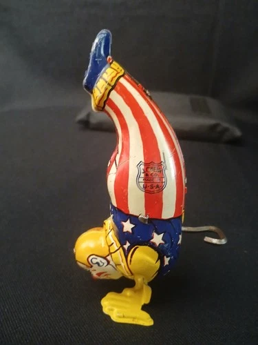 Vintage 1950's J Chein Uncle Sam Handstand Clown TIn Litho Windup Toy