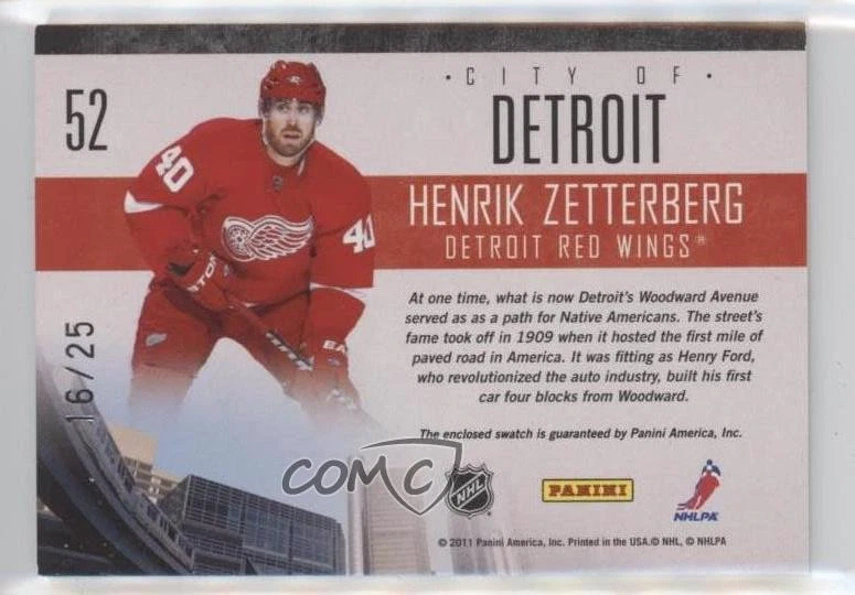2010-11 Panini Pinnacle City Lights Materials Prime /25 Henrik Zetterberg #52 - Image 2 of 2