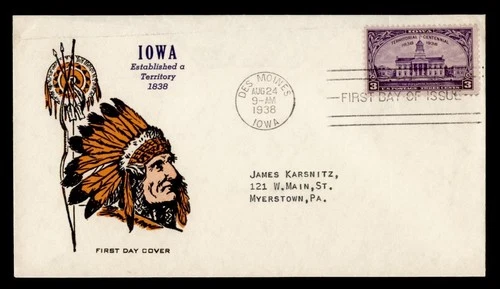 DR WHO 1938 FDC IOWA TERRITORY CENTENNIAL PAVOIS INDIAN CACHET M77614