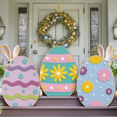 3 Pcs 17'' Easter Wooden Porch Sign Easter Egg Standing Porch Decoration Rust...