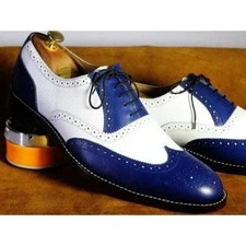 Men's Handmade Blue White Leather Oxford Brogue Wingtip Formal Dress Shoes