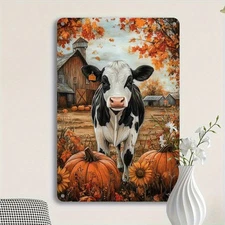 Tin Metal Sign Vintage Fall Farmhouse Wall Decor Cow Pumpkin 8x12