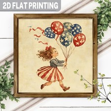 Patriotic Girl Balloons Wooden Plaque Happy 4th of July Independence Day Decor
