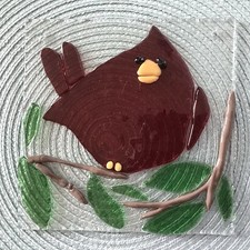 Red Cardinal Whimsical Handmade Fused Glass Suncatcher/Window Panel