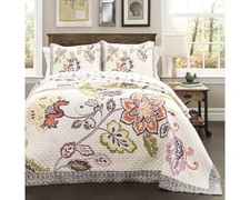 Aster Quilt 3-Piece Reversible Bedding Set, Flower Pattern, Coral/Navy, Full/...
