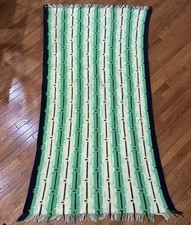 Vintage Handmade Crochet Afghan Blanket Aztec Fringed 40x70 Cottage Granny Core