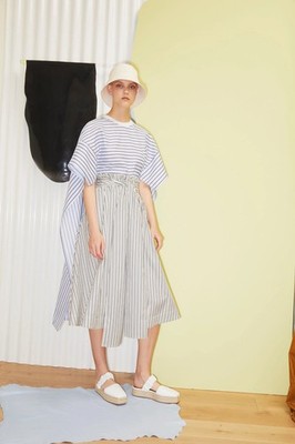 ROSETTA GETTY Blue Tuxedo Stripe Cotton Cape  Sleeves Top Sz S NWT Resort 2019