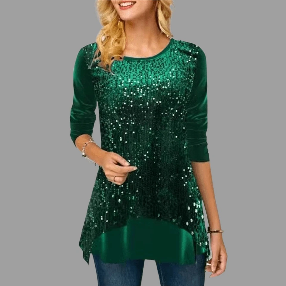 New Women's Sparkly Sequins Tunic Long Sleeve Tops Blouse Christmas Shirts - Image 3 of 4