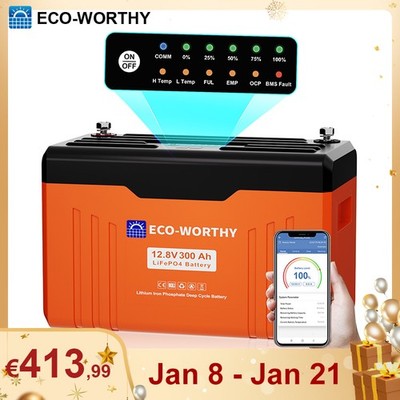 ECO-WORTHY 12V 300AH LiFePO4 Batterie mit Bluetooth Statusanzeige für Wohnmobile