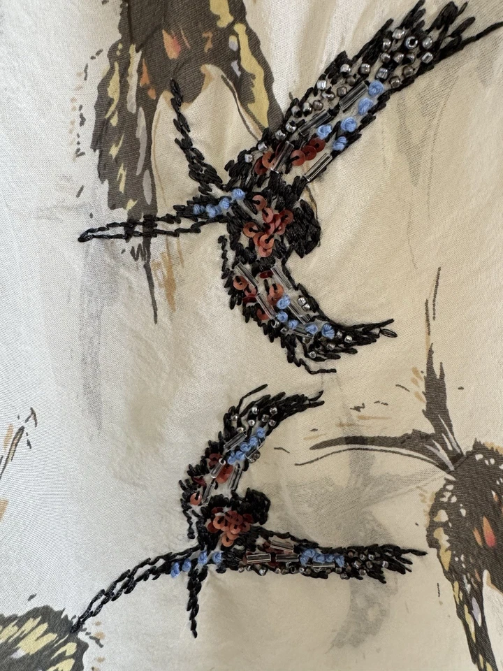 Antropologie Moulinette Soeurs Beige Beaded Birds 100% Silk Blouse Top Size 0 - Image 2 of 4