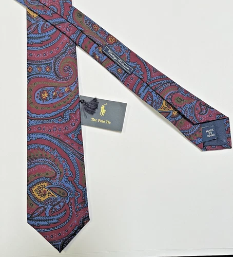 Vtg NWT Polo By Ralph Lauren Burgandy and Blue Paisley 100% Silk hand made USA - product listing photo