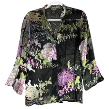 Citron Santa Monica Floral Burnout Silk Blend Kimono Blouse Sz M Artsy Sheer