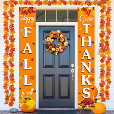 Fall Decorations for Home Happy Fall  Give Thanks Porch Banner Pumpkin Maple Le