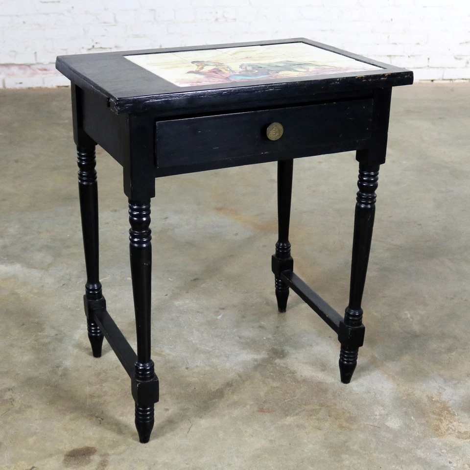 ON SALE!!! Black Turned Leg Drawered End Table with Matador and Bull Tile Insert - Image 3 of 4