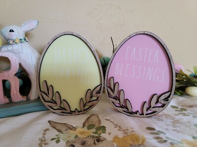 New 2022 Rae Dunn wooden Egg Sign Set Of 2 Happy Spring Easter Blessings