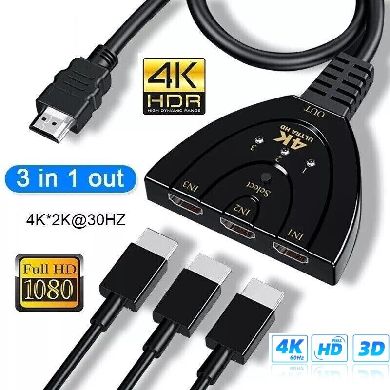 2FT-4K HDMI 2.0 Cable Auto Switch Switcher Splitter  Adapter 3 In-1 Out Device