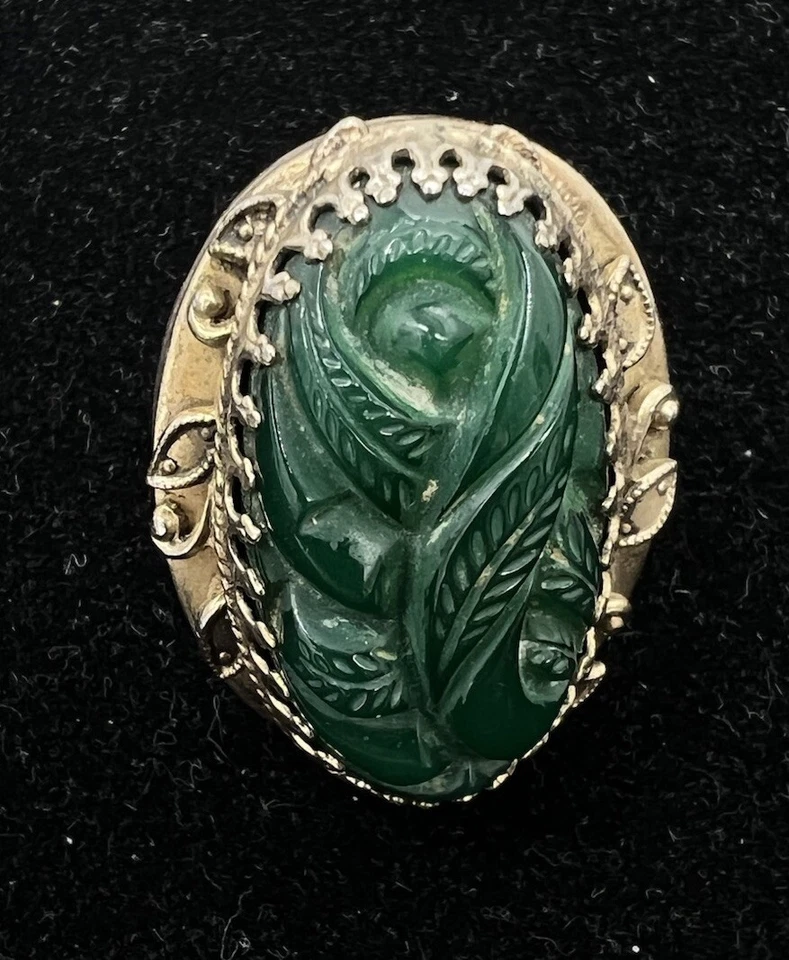 Anillo Art Deco Plata Calcedonia Tallada Verde Natural Pesado Tallado Grande Talla 7.75 Foto 2 de 4