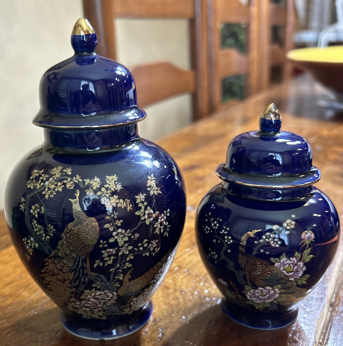 2 Japanese Cobalt Blue Vases With Lids- Gold Peacocks and 2 Japanese Cobalt Blue Vases With Lids- Gold Peacocks and