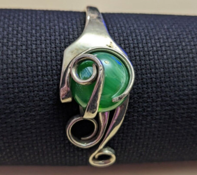 Vintage Alpacca-Silco Bent Fork Bracelet Malachite(?) Silver Plated Made In USA