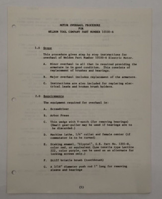 Weldon Tool Company Part No 10100-6 Motor Overhaul Procedure -Original
