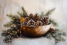 CHRISTMAS BOWL PINE CONE STRETCHED CANVAS PRINT WALL ART READY TO HANG CA45
