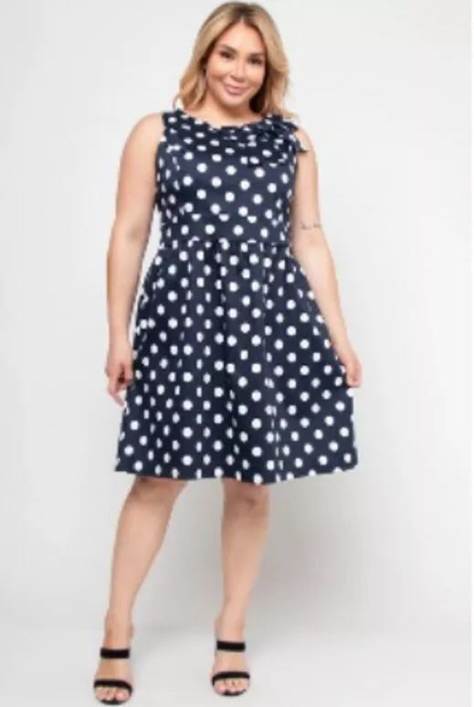 Womens Plus Size Navy Blue Polka Dot Dress 1X Retro Inspired Rockabilly