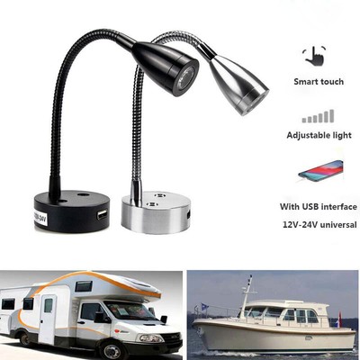 RV Boat LED Reading Light Dimmable USB Flexible Gooseneck Wall Lamp DC 12V 24V