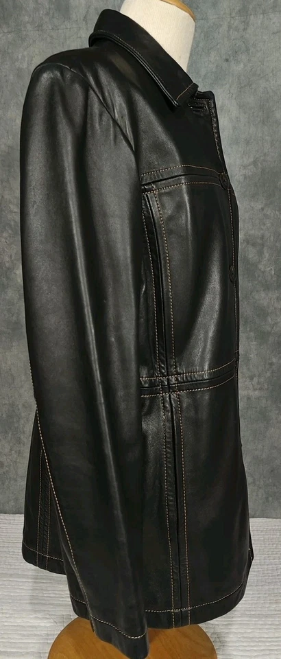 Vintage Lambskin Anne Klein Leather Long Black Jacket Coat Y2K Large Button - Image 2 of 4