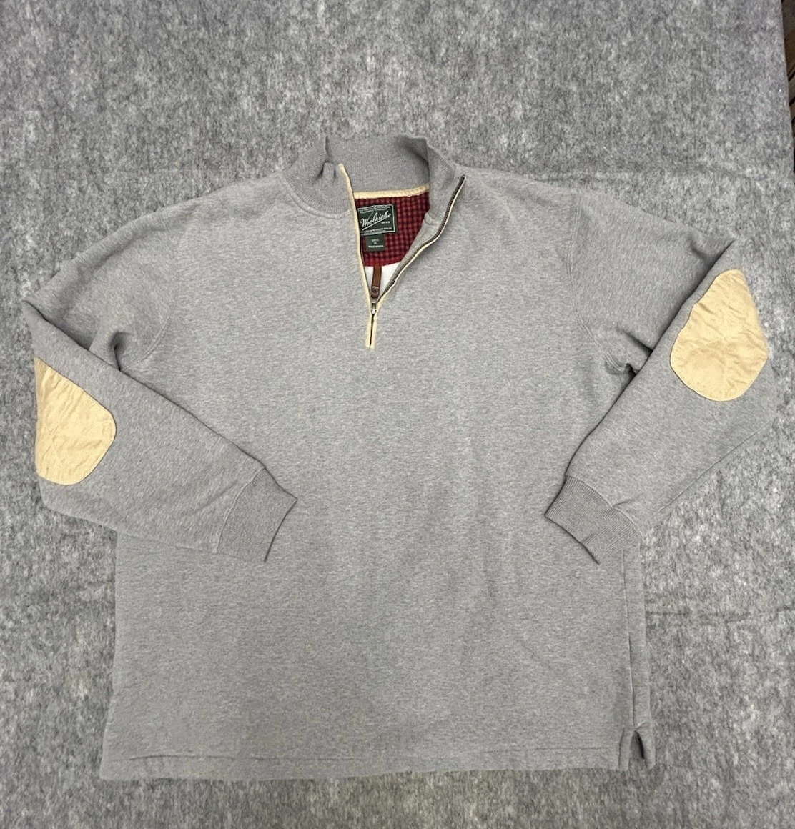 Woolrich Men’s 1/4 Zip Heather Gray Pullover XL Jersey Fleece Elbow Patches