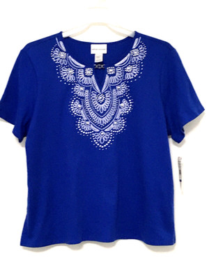 Alfred Dunner Womens XL Blue Embellished White Trimmed Neck Short Sleeve Top
