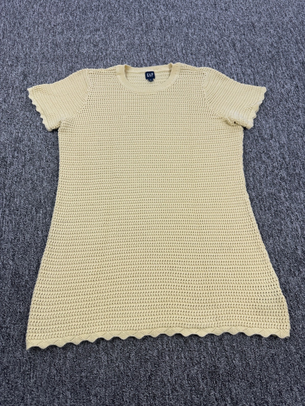 Gap Dress Women XL Yellow Crochet Open Knit Cap Sleeve Mini Sweater Dress Vtg