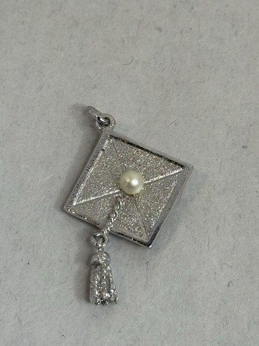 Silver Tone Graduation Cap Charm With Tassel & Faux Pearl Unmarked