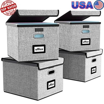 Portable Filing Organizer Boxes Set of 4 Collapsible Document Storage W/ Lids US