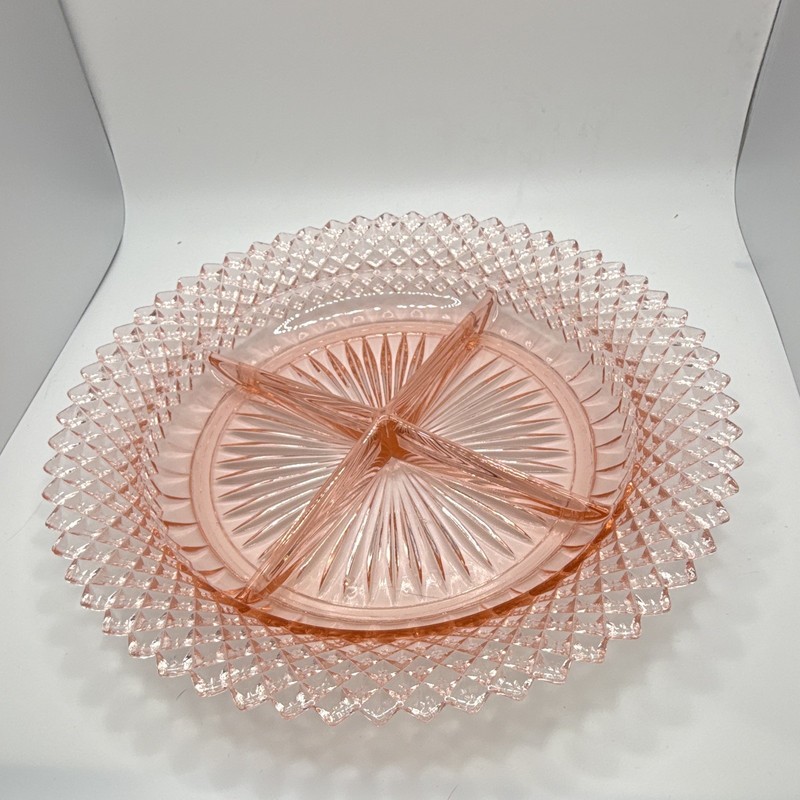 Anchor Hocking Miss America pink depression glass four-part relish dish Has chip