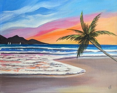 Tropical Beach. Original Painting On Canvas. Coastline Landscape. Ocean Sunset 