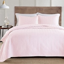 3-Piece Queen Quilt Set, Lightweight Soft Warm Queen 90x90 Pink/ Leaf 001