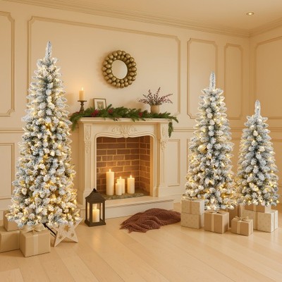3 Pcs Flocked Artificial Christmas Tree Set With Lights, 4ft 5ft 6ft Christmas S