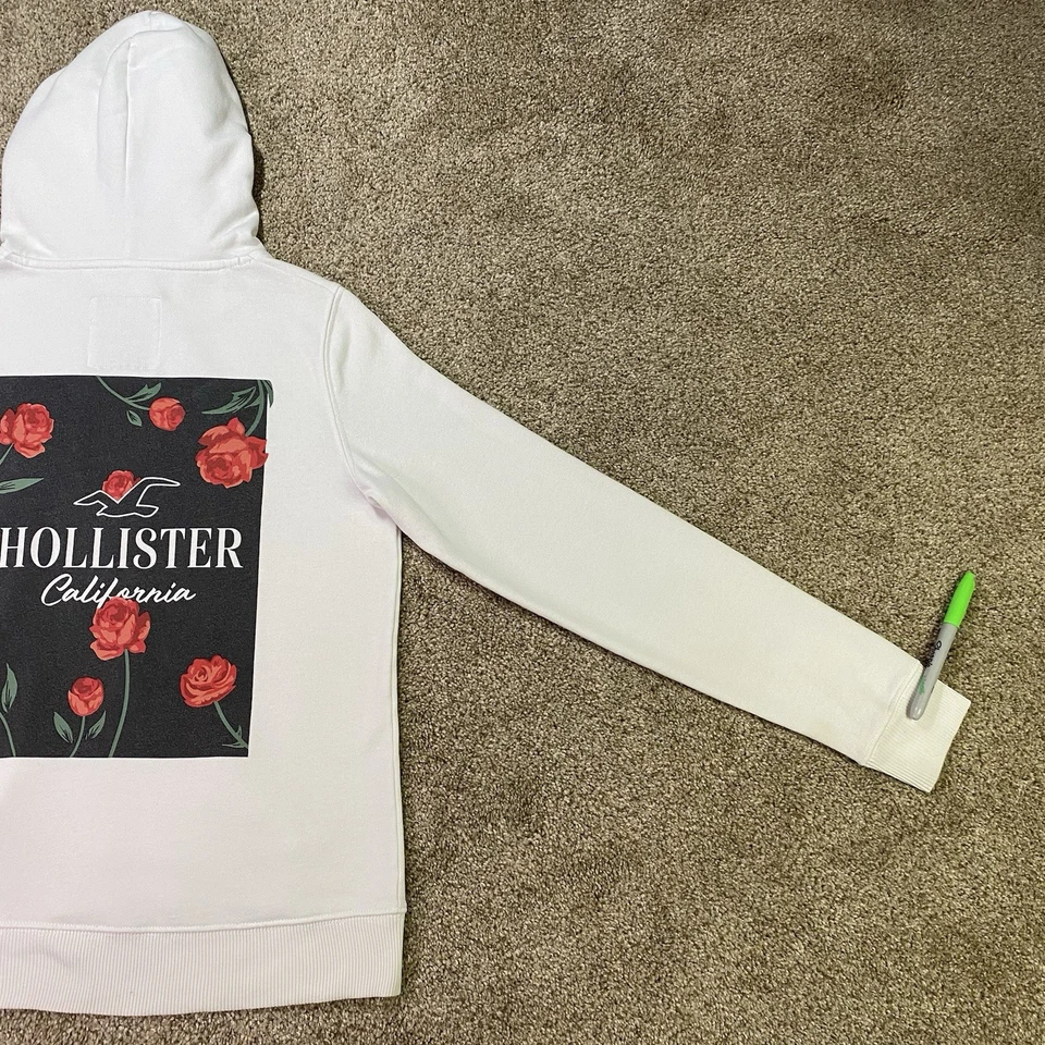 Sudadera Hollister Mujer XS Blanca Floral Rosa Pullover Sudadera con Capucha California *LEER Foto 3 de 4