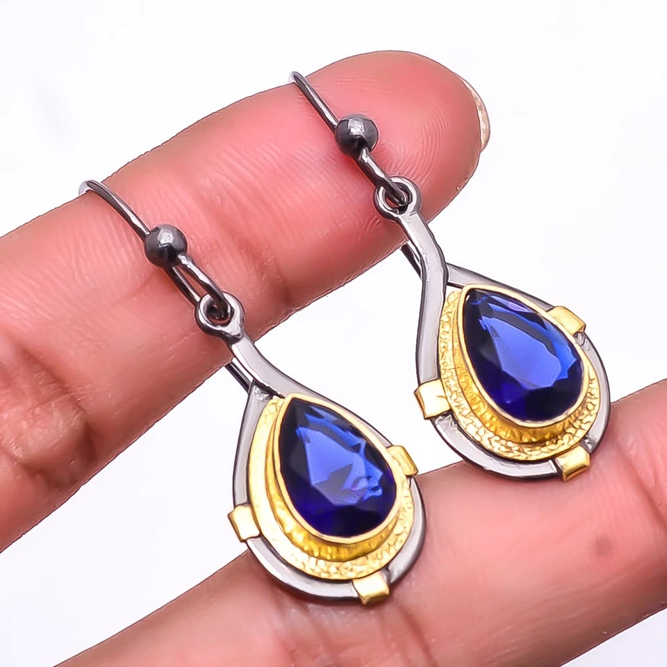 Pendiente chapado en rodio de plata 925 zafiro azul (simulado) negro y oro 1,76" Foto 3 de 4