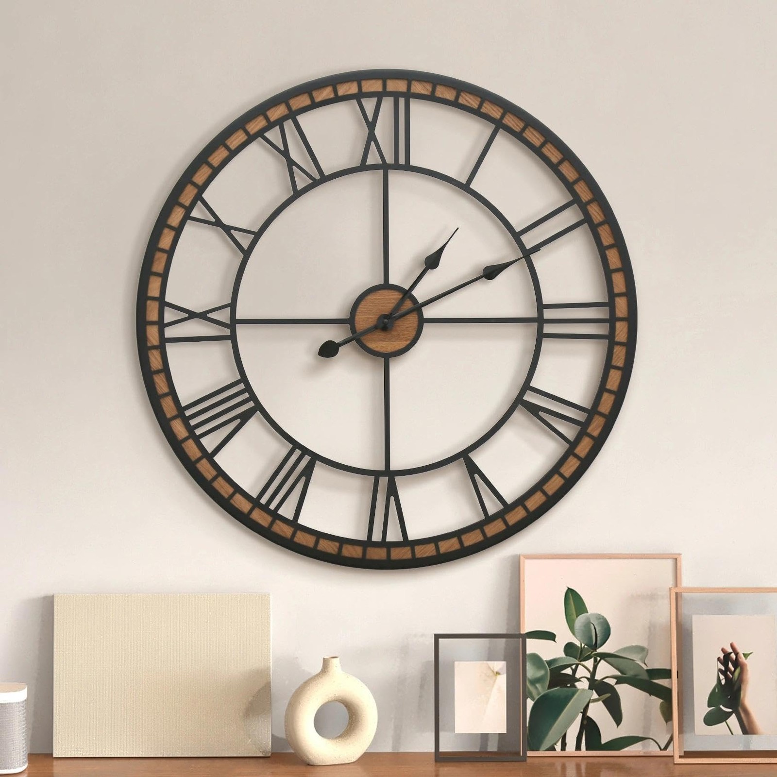 Large Farmhouse Wall Clock: 24 inch Modern Metal Black with Solid Wood Frame - s l1600