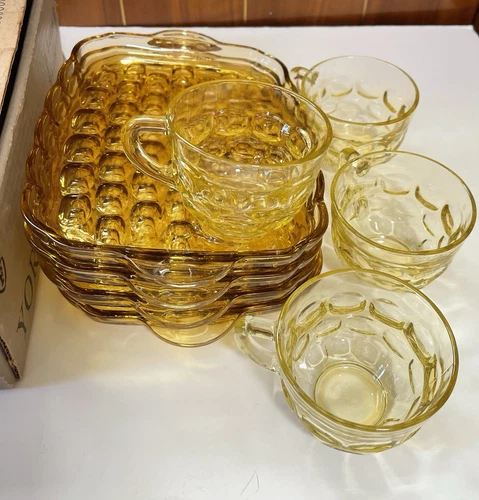 Vintage Amber Federal Glass Serving Snack Plates Cups Set Of 4 W/ OG Box