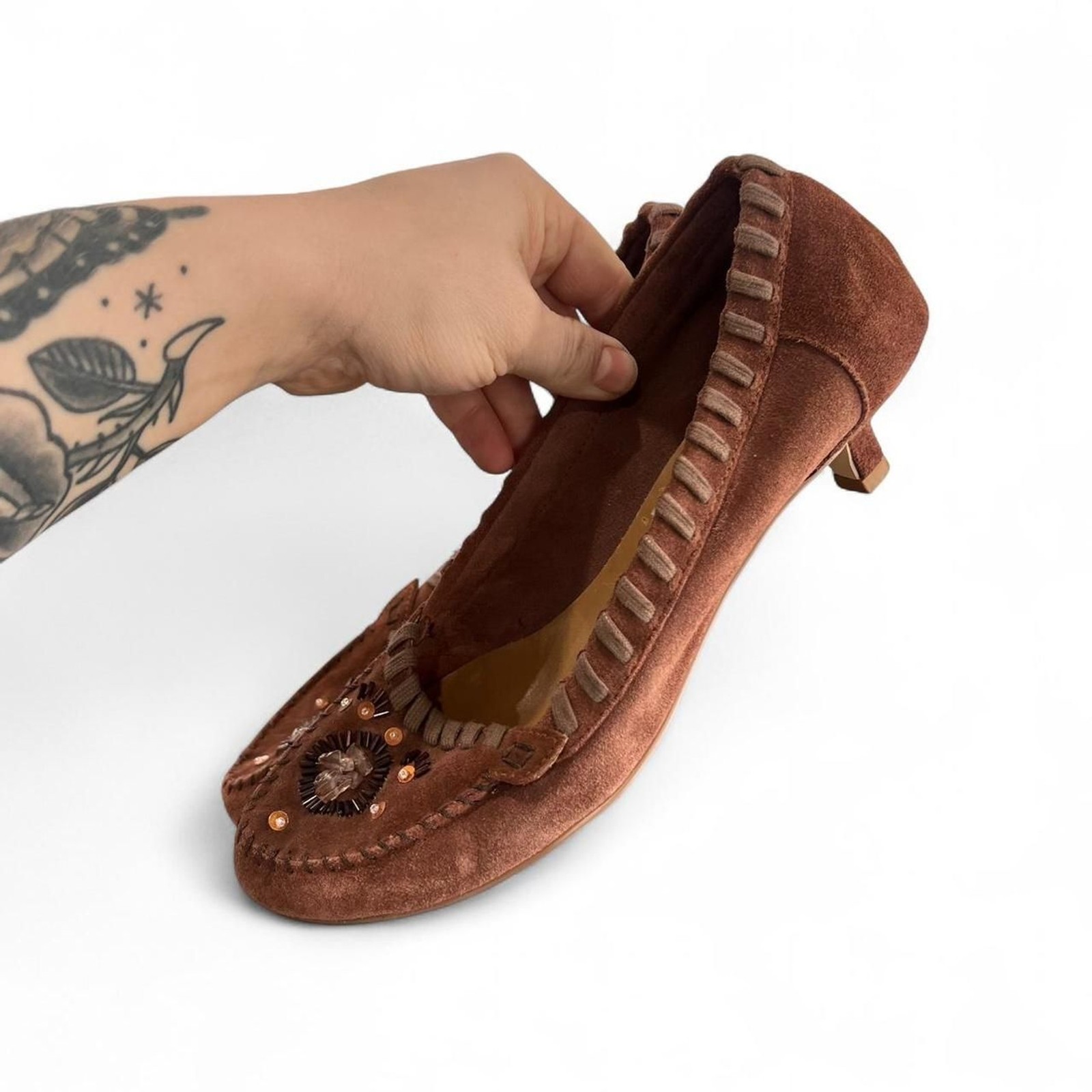 Y2K Beaded Suede Moccasin Kitten Heel Pumps