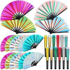12 Pcs Large Rave Fan Bulk for Line Dancing Holographic Folding Hand Fans Iri...
